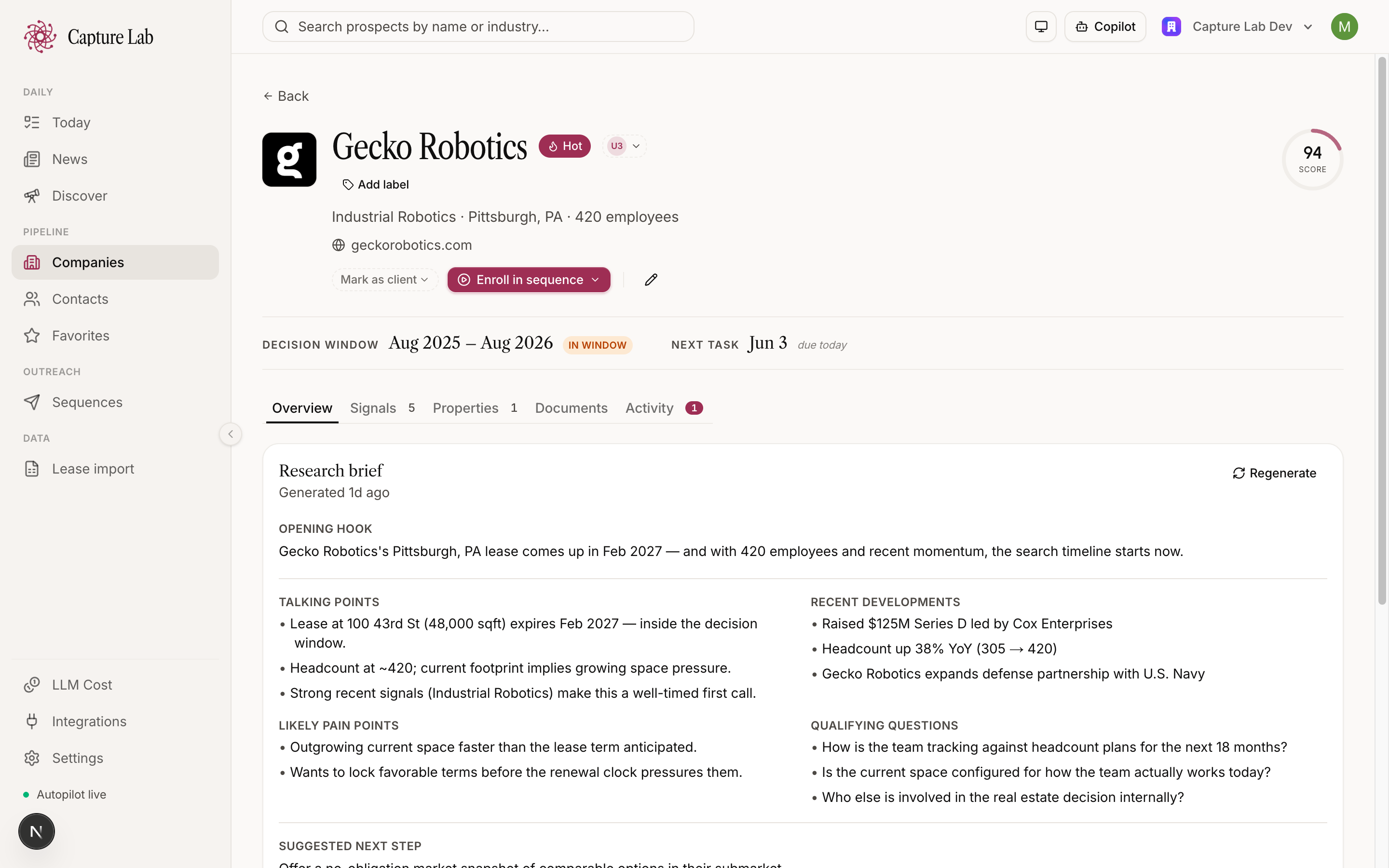 Capture Lab prospect 360 — research brief, decision window, lease data and signals for a company.